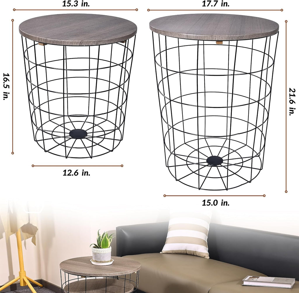 Elevon Nesting Table End Table Wire Basket Base with Wood Tops Side Table Set of 2, Gray