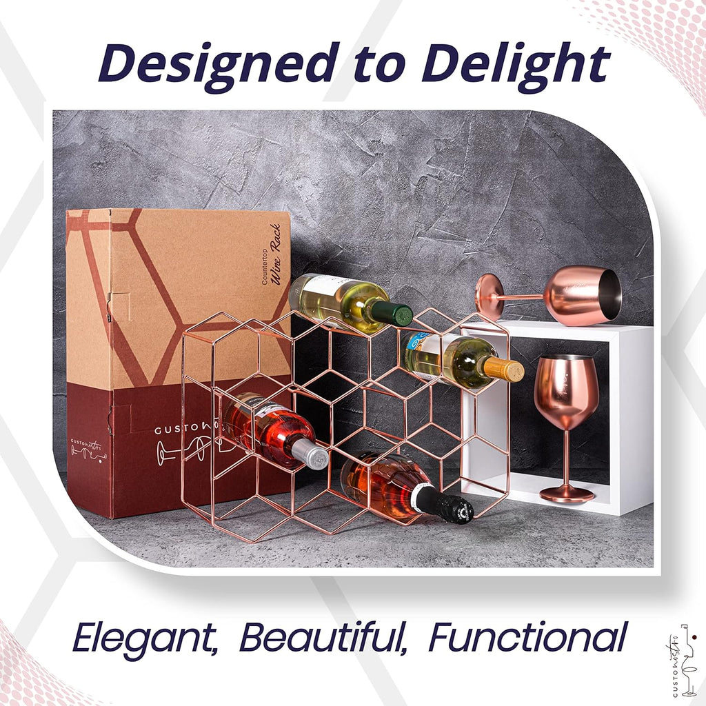 Gusto Nostro Countertop Wine Rack - 14 Bottle Freestanding Modern Metal Wine Rack - 3 Tier Tabletop Wine Holder Stand for Cabinet, Pantry Wine Bottle Storage - No Assembly Required (Small, Rose Gold)
