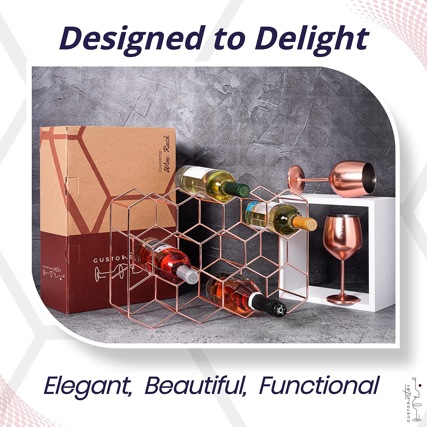 Gusto Nostro Countertop Wine Rack - 14 Bottle Freestanding Modern Metal Wine Rack - 3 Tier Tabletop Wine Holder Stand for Cabinet, Pantry Wine Bottle Storage - No Assembly Required (Small, Rose Gold)