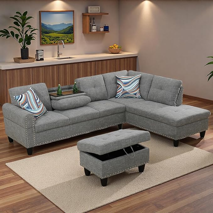 Sectional Couches for Living Room with Movable Chaise & Storage Ottoman - 97.5" Linen L Shaped Couches for Living Room Apartment, Home Modular Sectional Sofas with Cup Holder, Grey