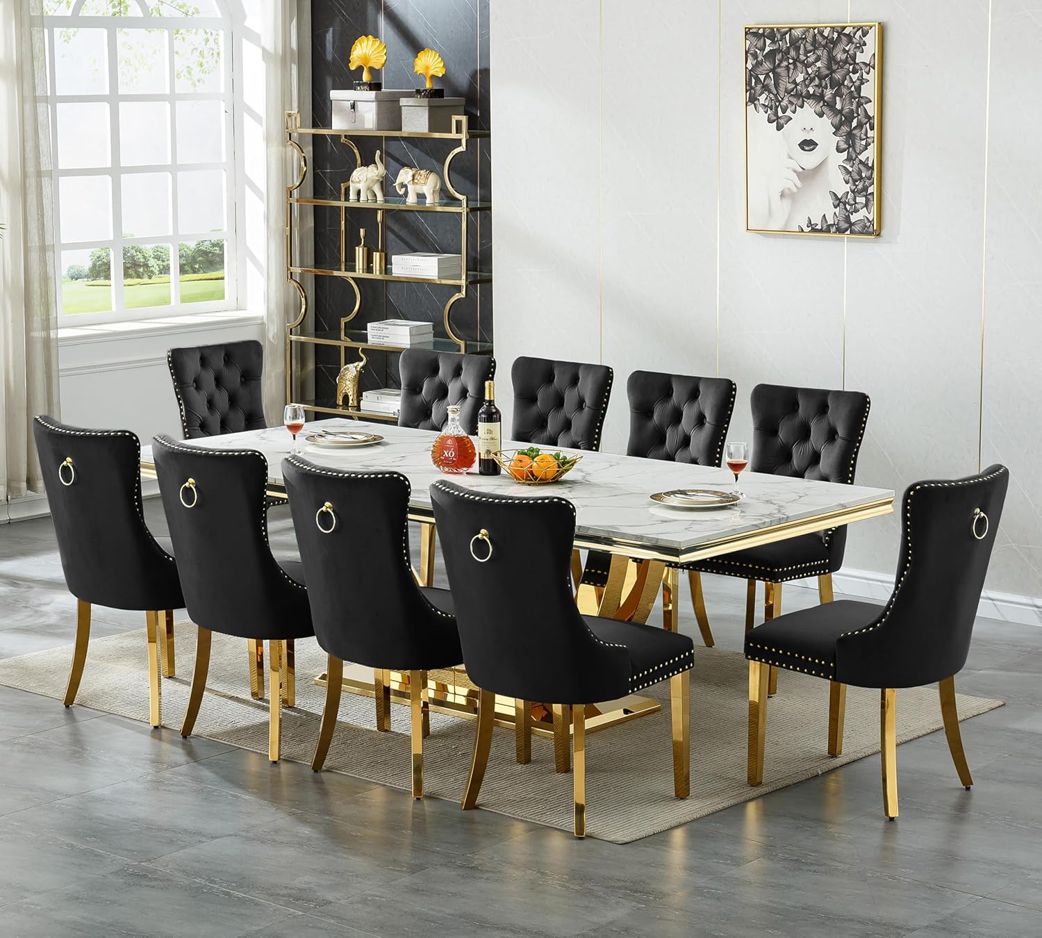 94 Inch White Marble Dining Table for 6-10 People, Modern Extra Long Rectangular Kitchen Table w/Faux Marble Top & Gorgeous Mirrored Stainless Steel Base, Large Rectangular Gold Dining Room Table