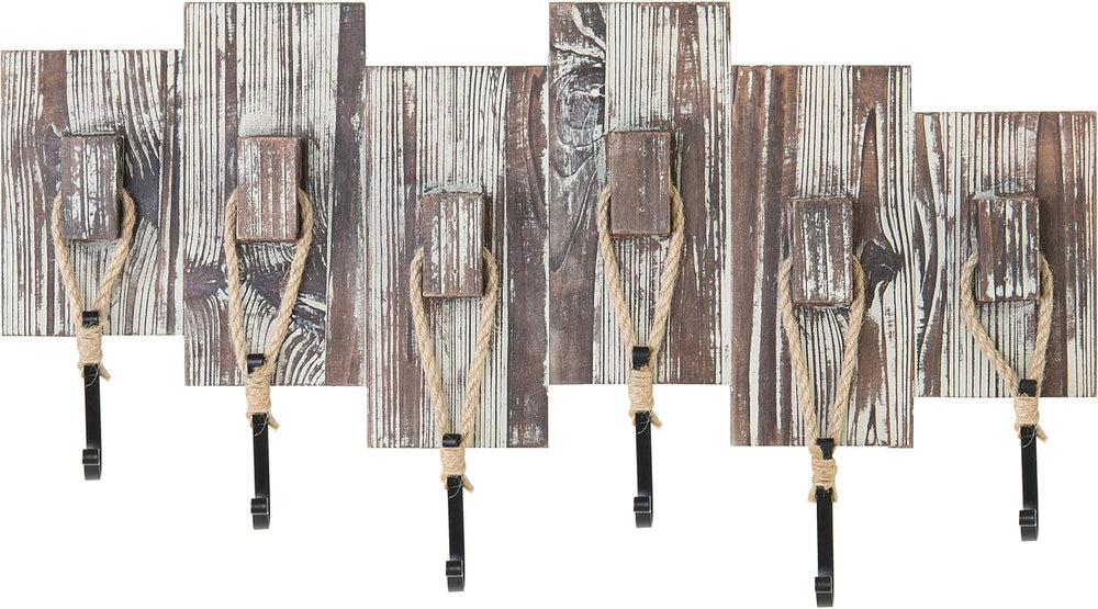 MyGift Torched Wood Wall-Mounted Coat Rack with 6 Rope & Black Metal Hooks