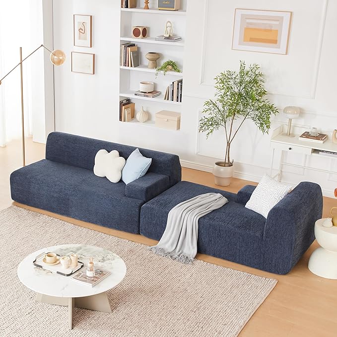 107" Modular Sectional Cloud Couch, Boneless couches Sponge sectionals for Living Room, High Density Sponges Sofa, Modular L-Shape with Chaise, Blue