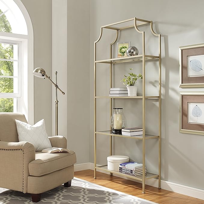 Crosley Furniture Aimee Bookshelf with Glass Shelves, Bookcase Storage, Gold and Glass
