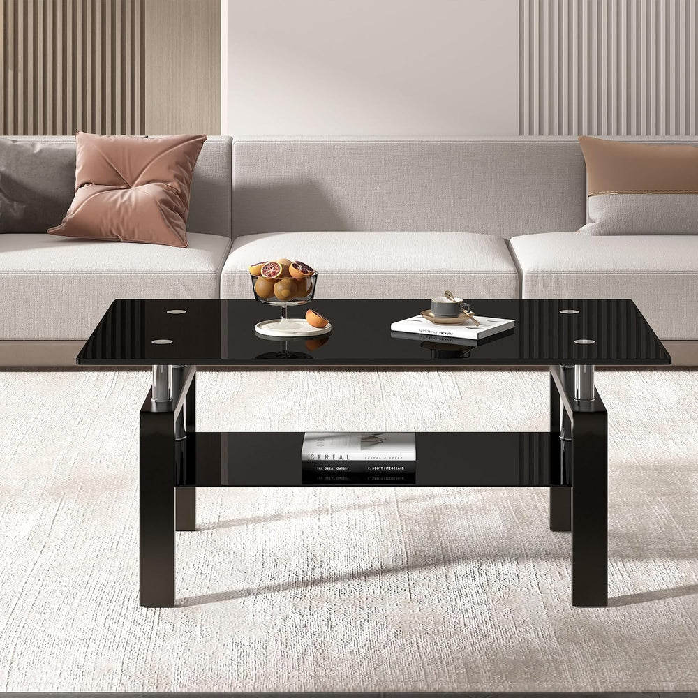 Glass Coffee Table Set of 3, Modern Black Living Room Tables, Coffee and End ...
