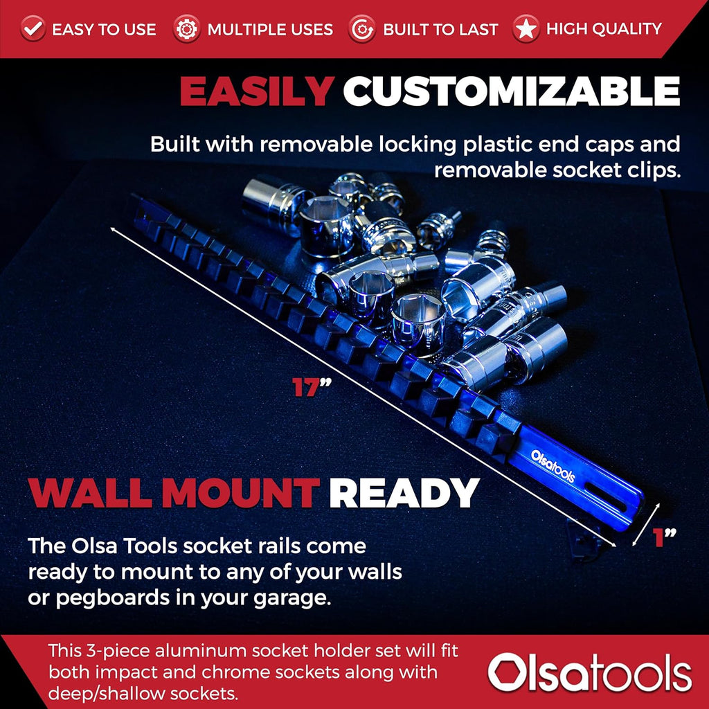 Olsa Tools 3 Pc Set Aluminum Socket Organizer with Locking End Caps | 1/4-Inch Drive x 24 Clips, 3/8-Inch Drive x 18 Clips, 1/2-Inch Drive x 16 Clips | Professional Quality Socket Holder (Blue)
