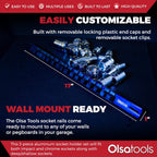 Olsa Tools 3 Pc Set Aluminum Socket Organizer with Locking End Caps | 1/4-Inch Drive x 24 Clips, 3/8-Inch Drive x 18 Clips, 1/2-Inch Drive x 16 Clips | Professional Quality Socket Holder (Blue)