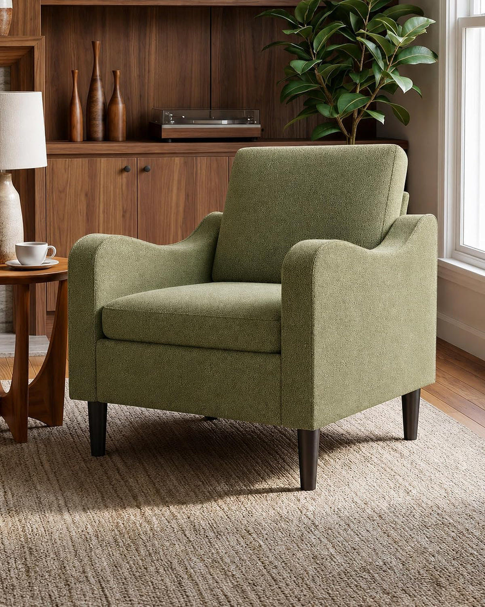 LEVELEVE Accent Arm Chair – Olive Green, Upholstered Scooped Comfy Reading Ch...