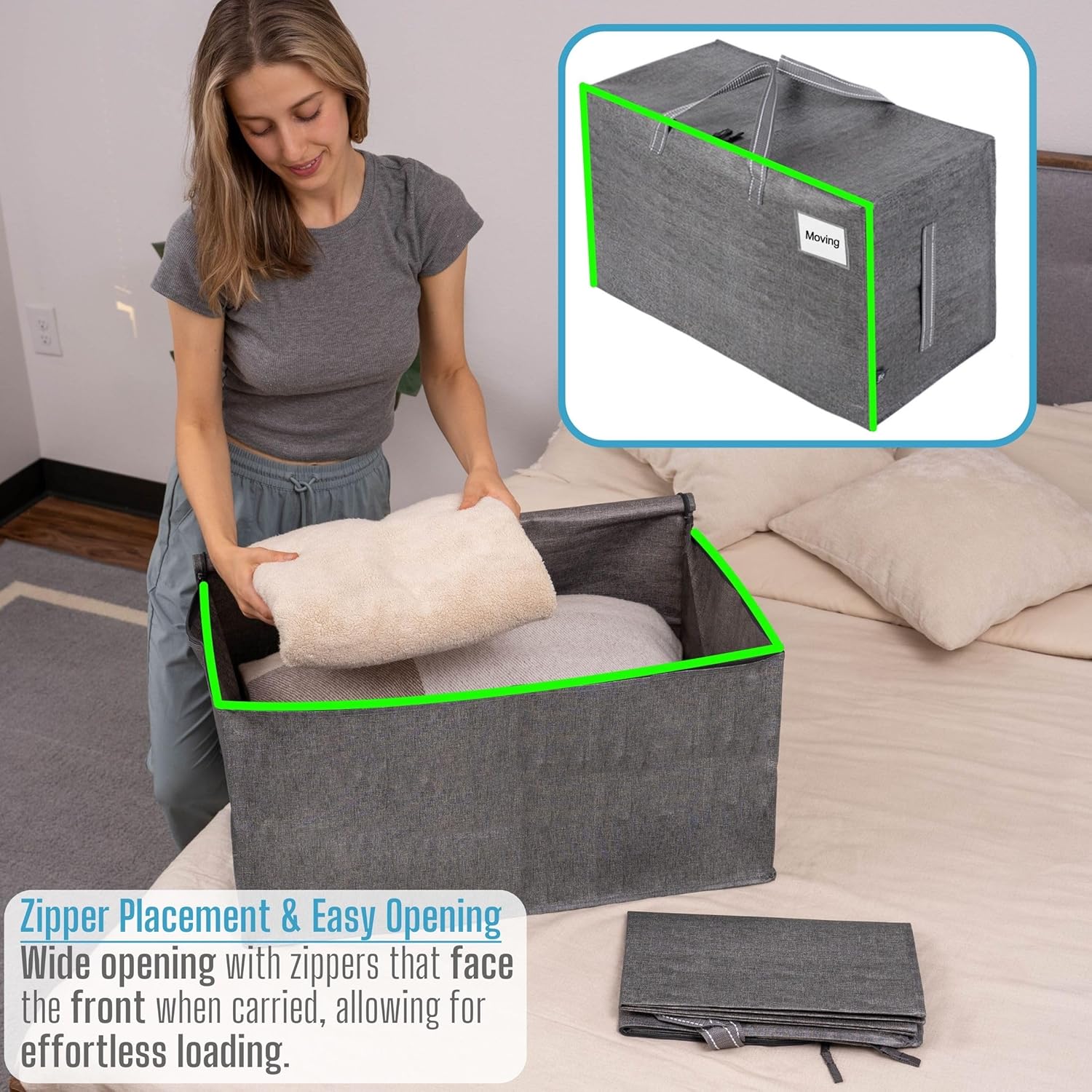 VENO 10 Pack Moving and Storage Bags, Heavy Duty, Alternative to Moving Boxes, Large Packing Totes Supplies for College Dorm Room with Zipper for Clothes, Wide Open Design (Dark Gray, 10 Pack)