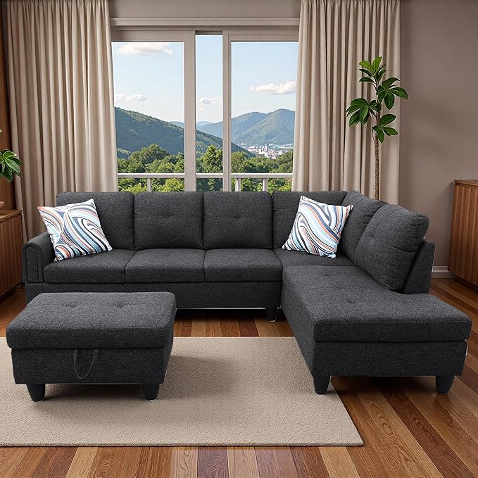 Sectional Couches for Living Room with Movable Chaise & Storage Ottoman - 97.5" Linen L Shaped Couches for Living Room Apartment, 4 Seat Home Furniture Modular Sectional Sofas, Black Grey