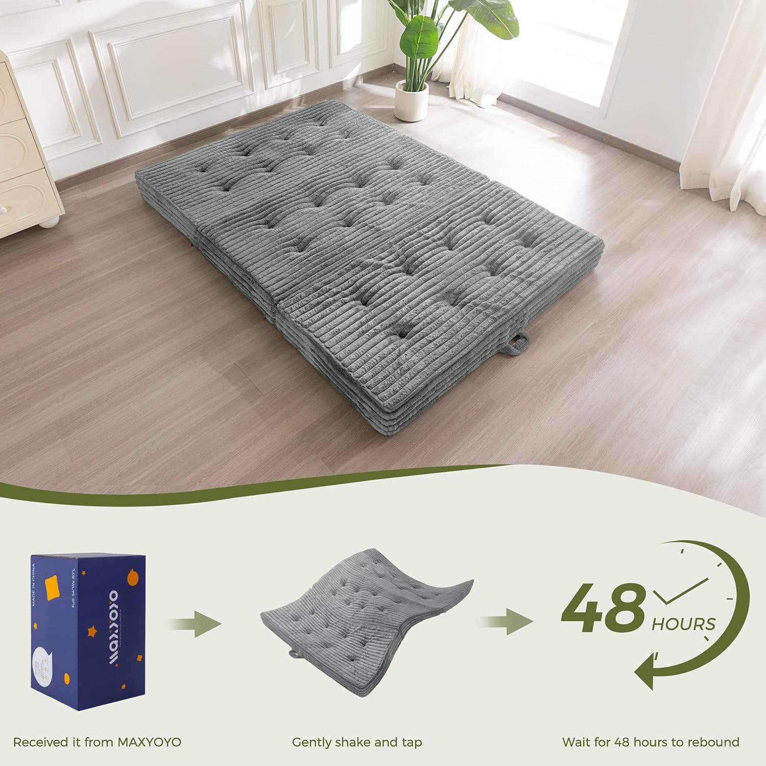 MAXYOYO Folding Sofa Couch Bed, 6 Inch Tri-Fold Floor Sofa Bed, Folding Mattress with Handles, Soft Faux Fur Folding Bed with Supportive Foam Filling, Portable Couch for Living Room, Full, Grey