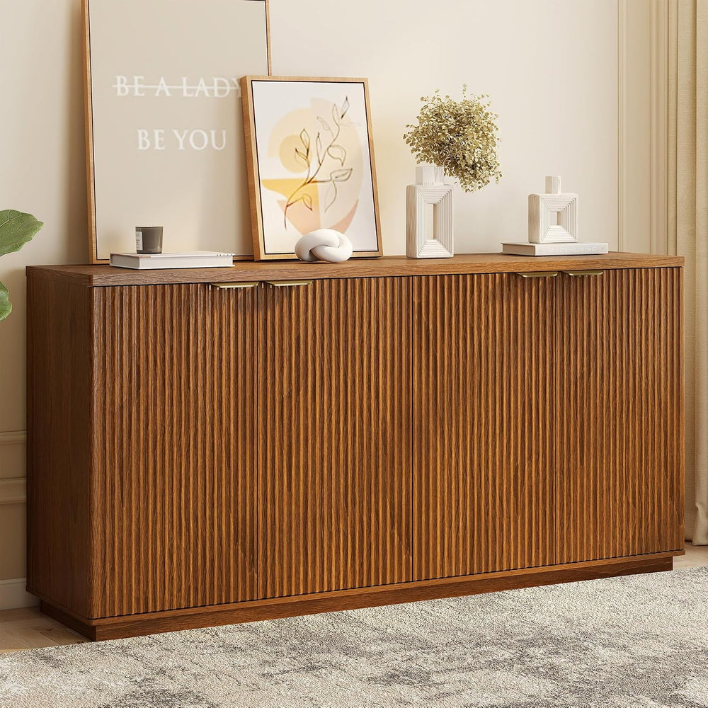 Fluted Sideboard Buffet Cabinet, 63" Wooden Credenza Storage Cabinet wit...