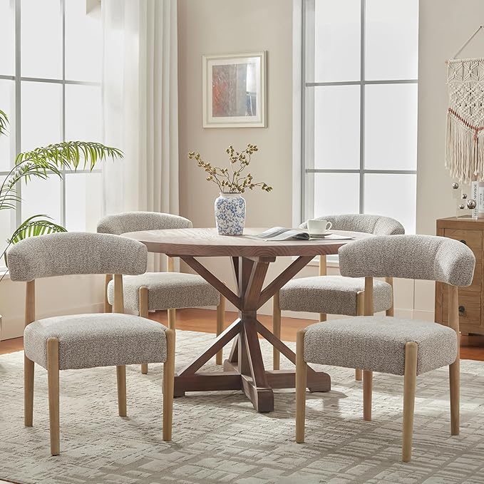 VKNOW Wooden Dining Chairs Set of 4, Modern Upholstered Dining Room Chairs with Rubberwood Legs and Curved Backrest, Fabric Kitchen Chairs for Farmhouse/Living Room/Dining Room, Brown