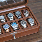 ROTHWELL 12 Slot Leather Watch Box - Luxury Watch Case Display Organizer, Microsuede Liner, Locking Mens Jewelry Watches Holder, Men's Storage Boxes Holder Large Glass Top (Tan/Brown)