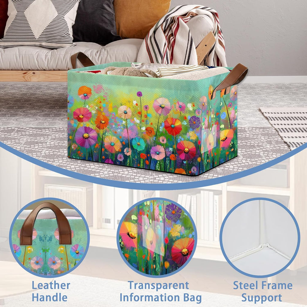 Retro Flowers Floral Storage Basket with Handles,Colorful Collapsible Rectangle Organizer Bin for Room Decoration Books Box Baskets 17x11.5x10Inch