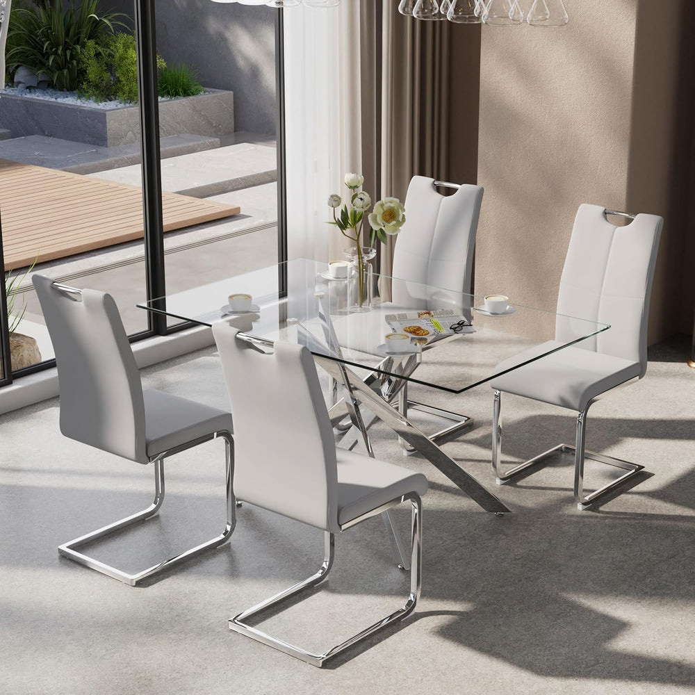 5-Piece Dining Table Set for 4, Modern Rectangular Glass Table with 4 Upholst...