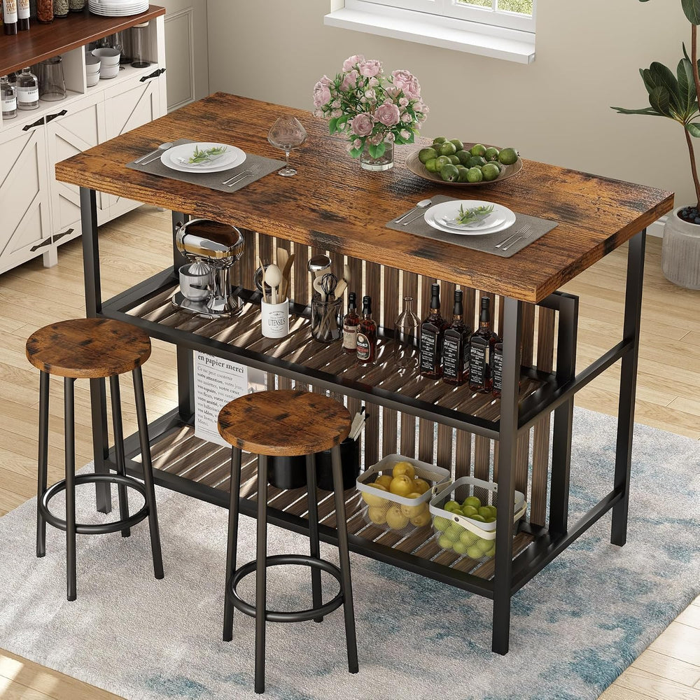 Kitchen Island with Seating & Storage, Bar Table and Chair Set Rustic Brown