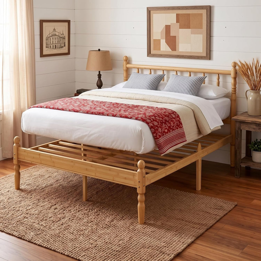 14 Inch Bamboo Wood Spindle Platform King Bed Frame with Headboard