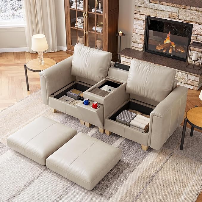 SITJOY 79" Faux Leather Modular Sectional Sofa with Storage, Mid Century Modern Sectional Couches for Living Room, 2 Seat Loveseat with Console Table, Hidden Cupholders, Greige