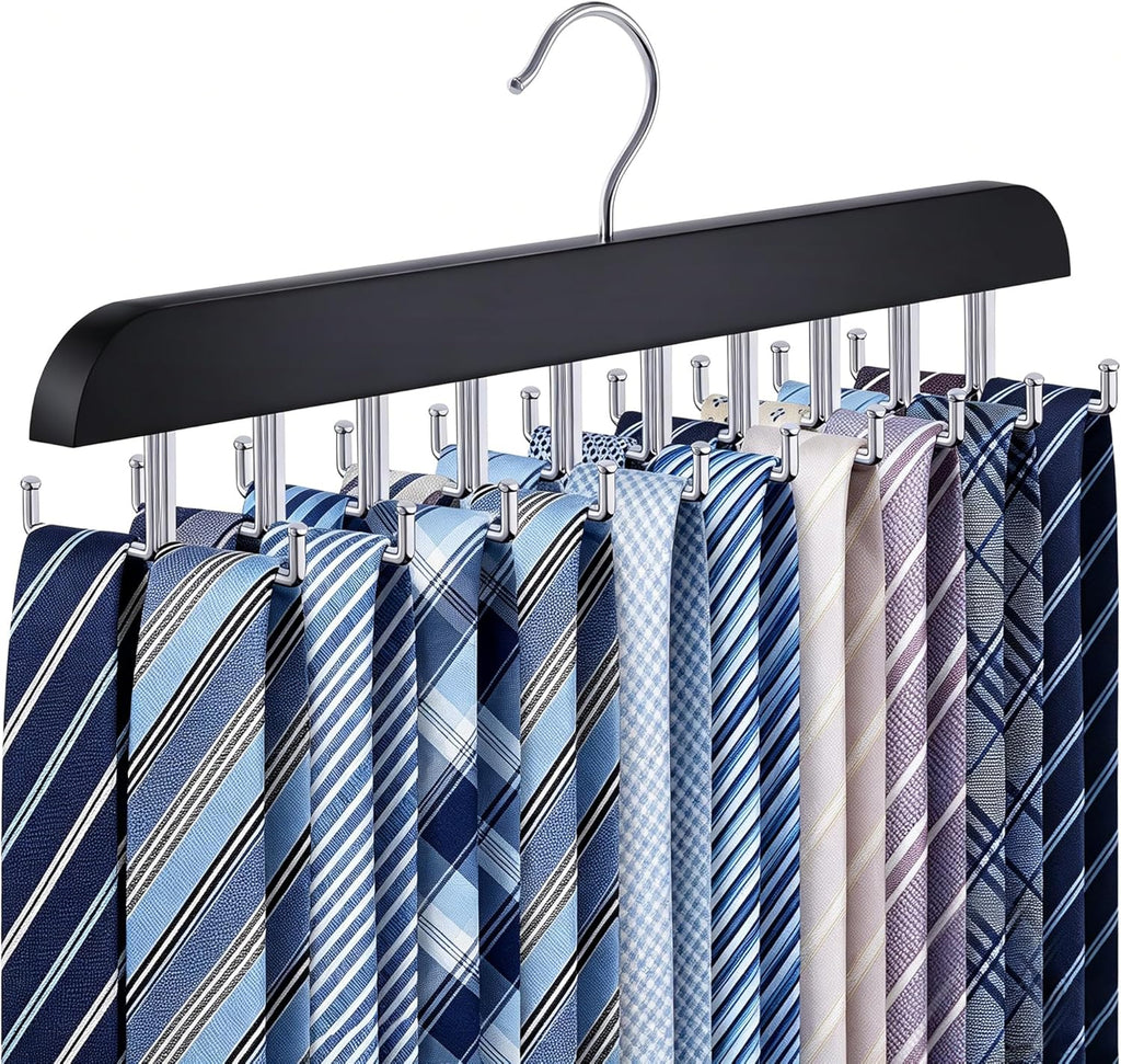 Tie Rack Hanger for Closet 20 Foldable Hooks, 1 Pack Wooden Non Slip Large Capacity Space Saving Tie and Belt Organizer with 360° Rotating Hooks for Tank Tops Bras Scarves Hat