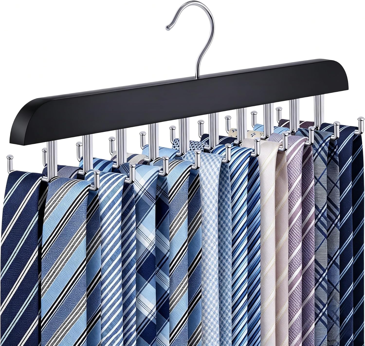Tie Rack Hanger for Closet 20 Foldable Hooks, 1 Pack Wooden Non Slip Large Capacity Space Saving Tie and Belt Organizer with 360° Rotating Hooks for Tank Tops Bras Scarves Hat
