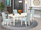 East West Furniture DOCE5-LWH-15 5 Piece Dining Set Includes a Rectangle Dining Room Table with Butterfly Leaf and 4 Baby Blue Linen Fabric Upholstered Chairs, 42x78 Inch, Linen White