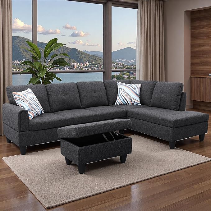 Sectional Couches for Living Room with Movable Chaise & Storage Ottoman - 97.5" Linen L Shaped Couches for Living Room Apartment, 4 Seat Home Furniture Modular Sectional Sofas, Black Grey