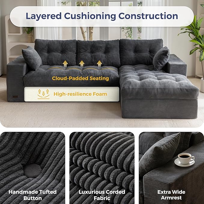 MAXYOYO 104" L Shaped Modular Sectional Sofa with Ottoman, Cloud Boneless Couch with Layered Cushion, Upholstered Sofa in a Box, Flexible Module Combination for Living Room, No Assembly, Dark Grey