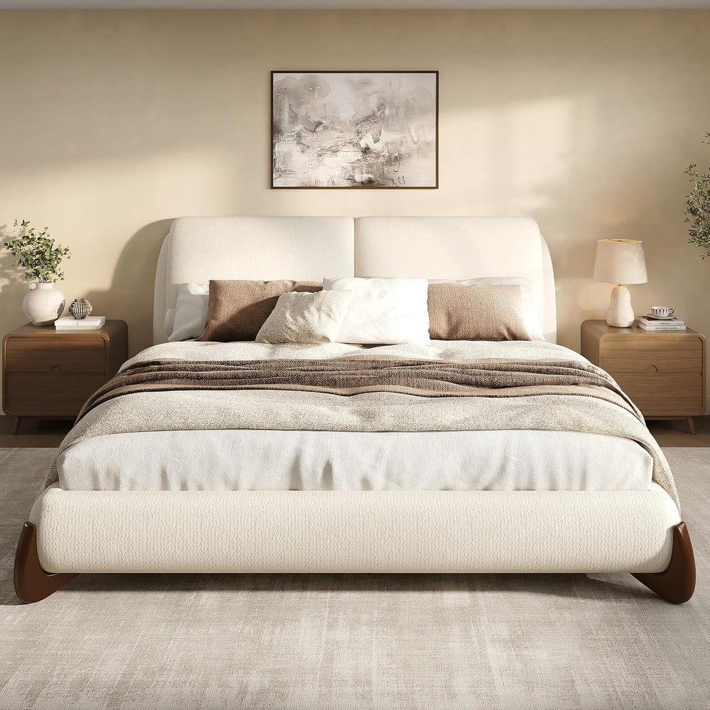 Merax King Chenille Platform Bed with 2 Removable Headboard Pillows, Beige
