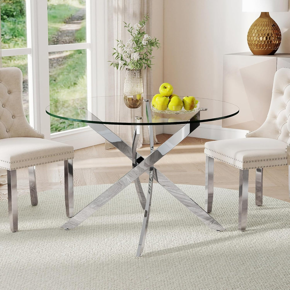 36-Inch Round Tempered Glass Dining Table for 2-4 Person Space-Saving Small K...