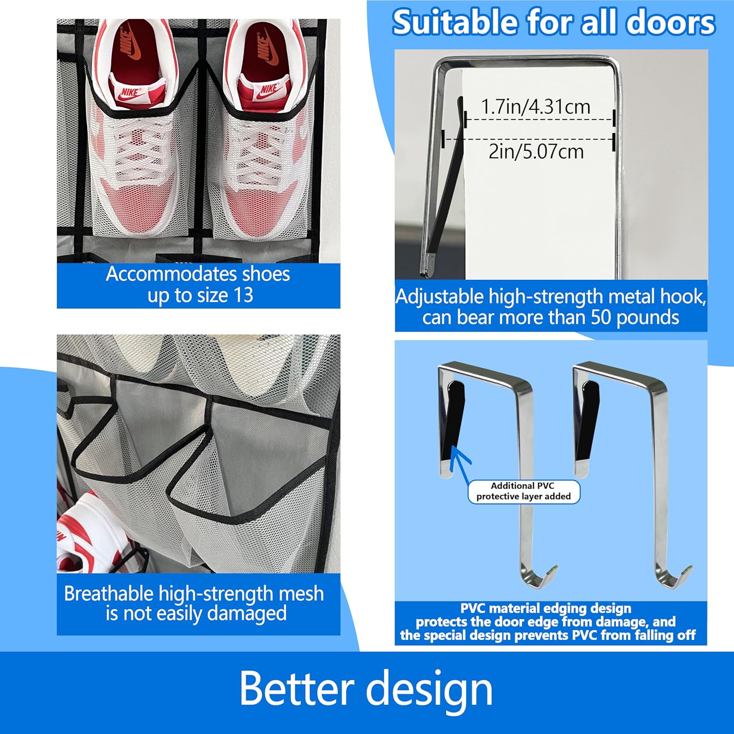 over the door shoe organizer,2025 upgraded,shoe organizer,35 Huge pockets,over door shoe organizer,Store size 13 shoes,shoe organizer,Strong material,hooks Suitable for various doors,Grey/black