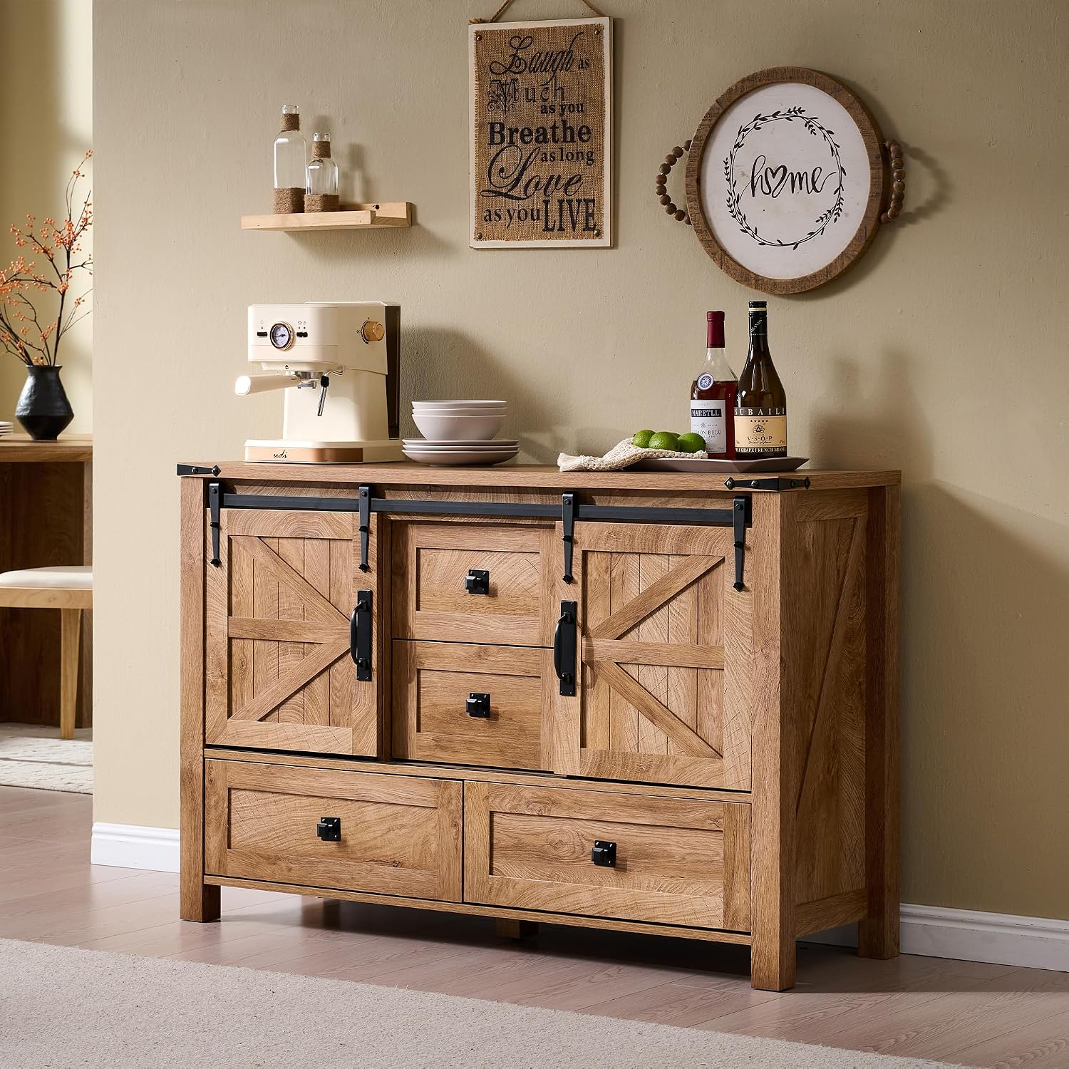 T4TREAM 48" Wide Farmhouse Sideboard Buffet Cabinet, Light Tree Knot | 31.2" Tall Kitchen Cabinet with Storage, 2 Sliding Barn Doors, 4 Drawers, Rustic Wood, Coffee Bar Table, Dining Room