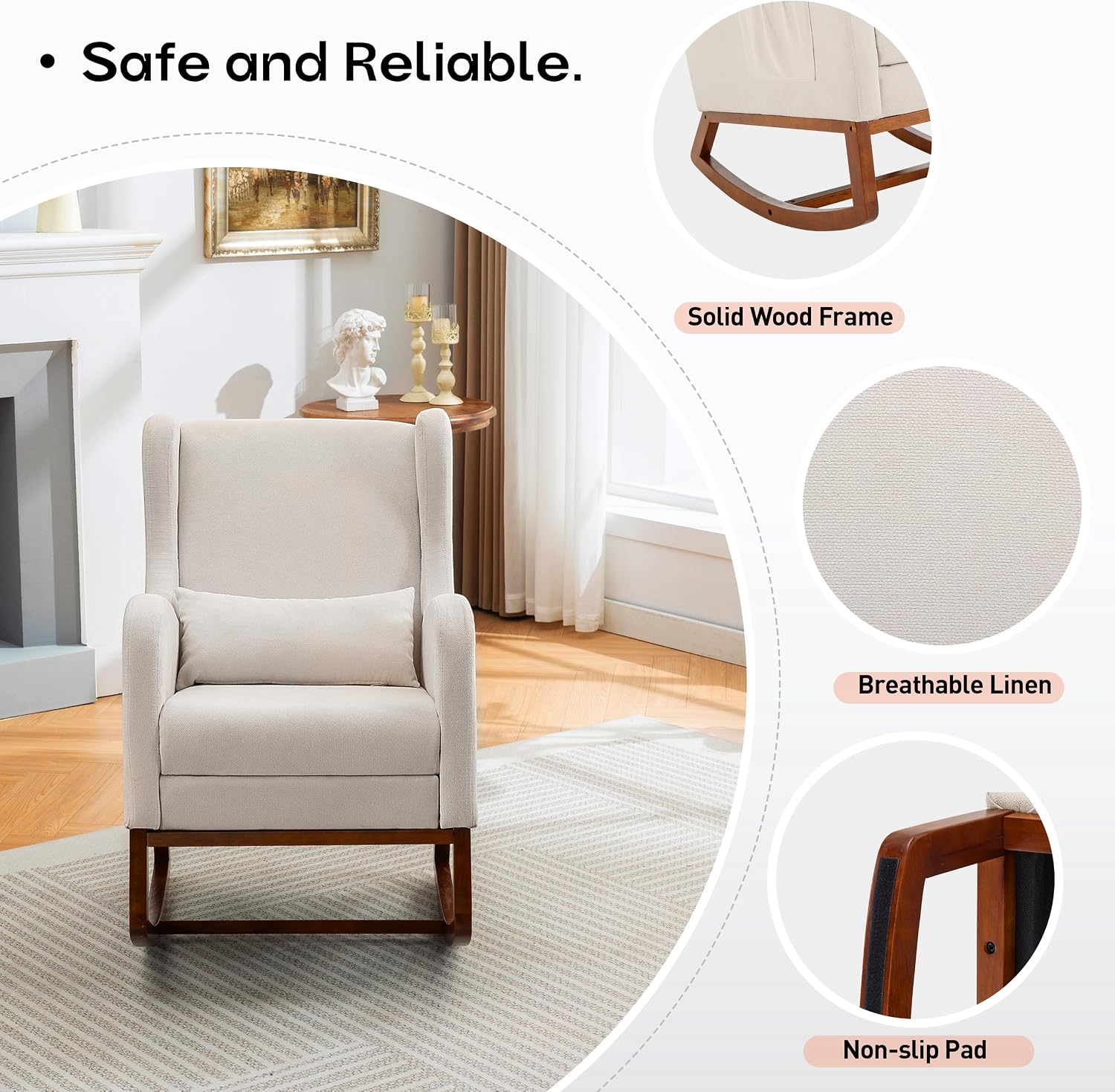 Nursery Rocking Chair with Footrest, Glider Rocking Nursing Chair Indoor, Upholstered Accent Nursery Glider Chair Rubber Wood Legs for Baby Nurser, Bedroom, Living Room, Beige
