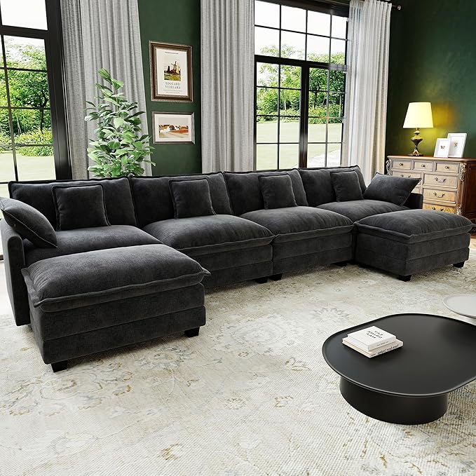 146" Cloud Couch Sectional, U Shaped Modular Sectional Sofa, 4-Seat Deep Seat Couch with 6 Removable Washable Pillows and 2 Ottoman for Living Room, Bedroom, Apartment, Black