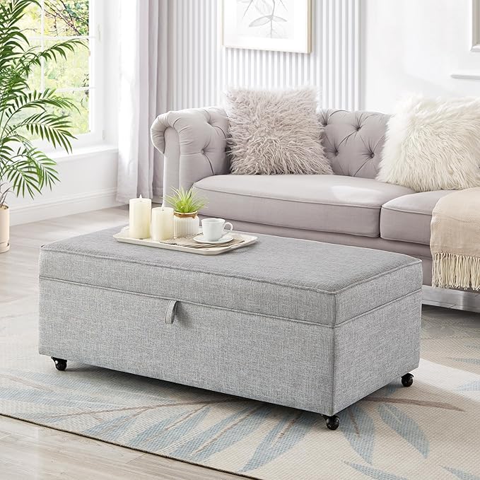 45" Modern Sofa Ottoman with Storage,Linen Upholstered Storage Bench with Rotation Casters and Safety Hinge, for Living Room,Grey