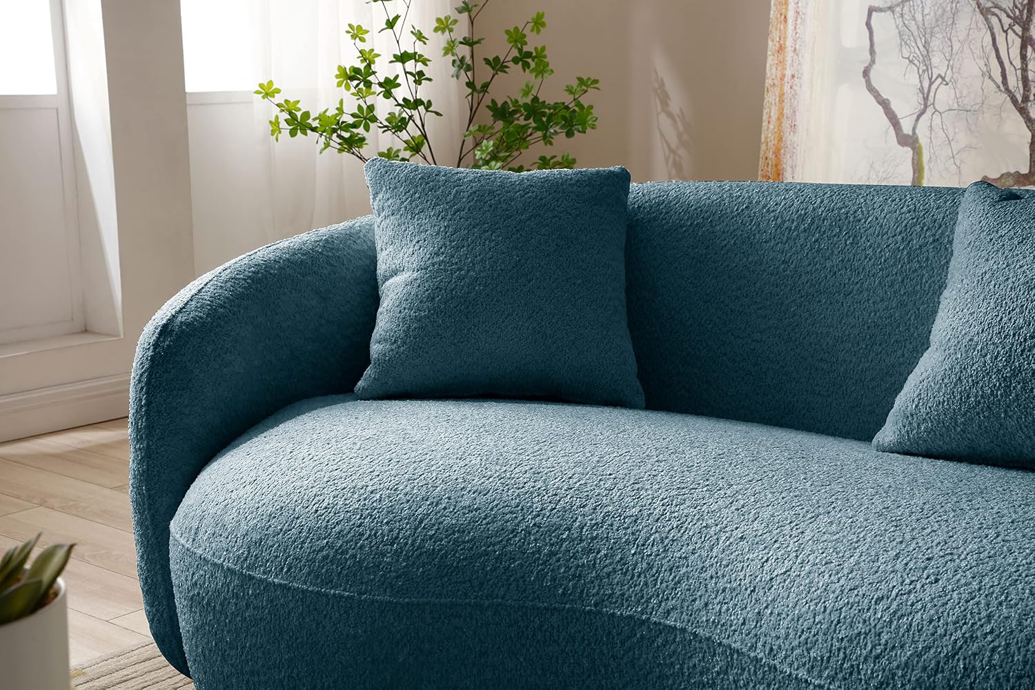Curved Sofa, 93.6'', 4 Seater, Boucle, Modern, Blue, for Reception Place | 93.6'' Modern Boucle Curved Sofa for Living Room, Luxury Modern Comfy Curved Couch for Apartment, Reception Place