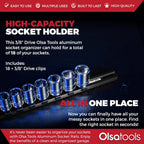 Olsa Tools Aluminum Socket Organizer with Locking End Caps - 3/8-Inch Drive - Black Socket Holder Rails for Chrome or Impact Sockets - Compact and Durable Socket Storage Solution - Part: 1179