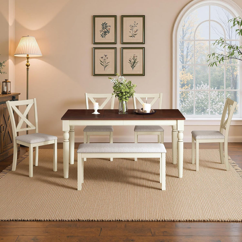 LUXOAK 6 Piece Solid Wood Dining Table Set with 60" Farmhouse Table | So...