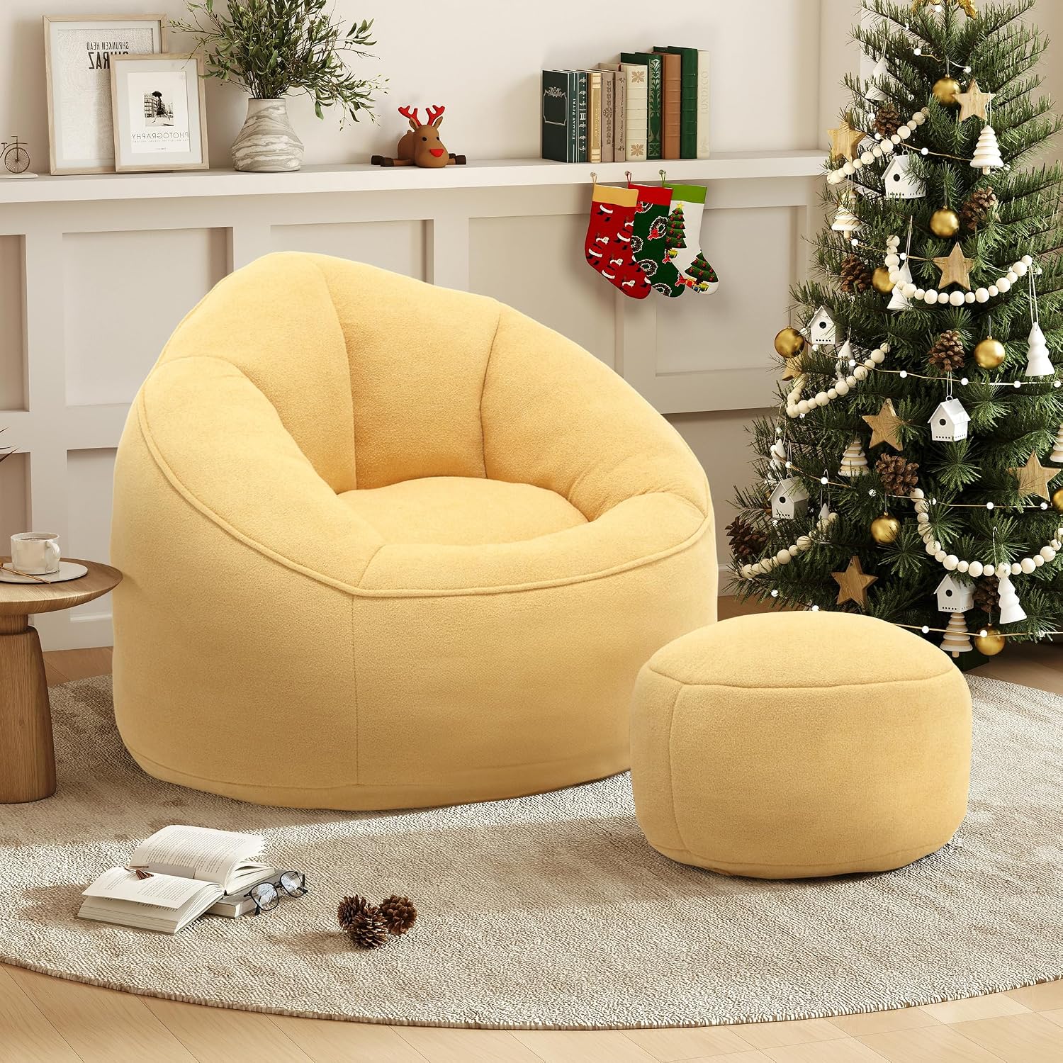 Bean Bag Chairs for Adults, Bean Bag Chair for Kids, 3.4 FT Comfy Beanbag Chair with Ottoman, Bubble Chair Corner Chair, Modern Giant Bean Bag Sofa for Living Room, Yellow