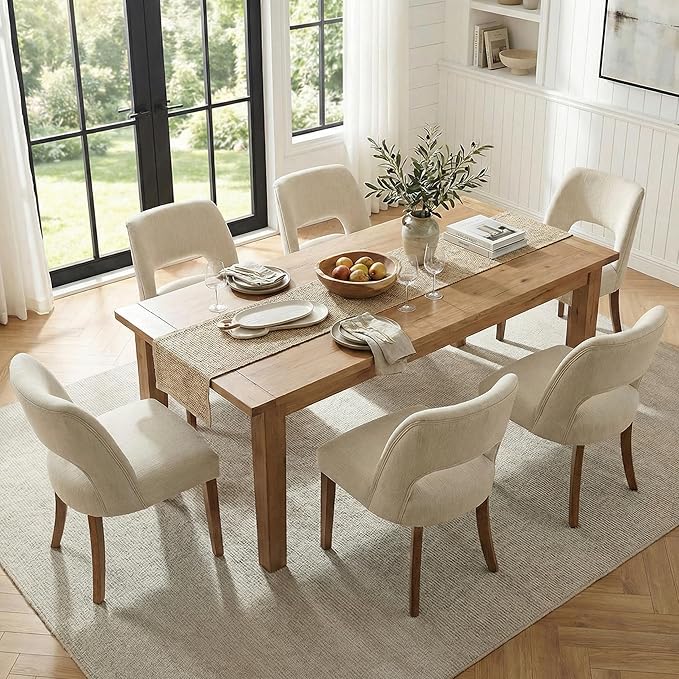 keoni Wooden Dining Chairs Set of 2, Mid Century Modern Upholstered Dining Room Chairs with Rubberwood Legs, Fabric Farmhouse Kitchen Chairs with Foot Pegs for Dining Room, Cream