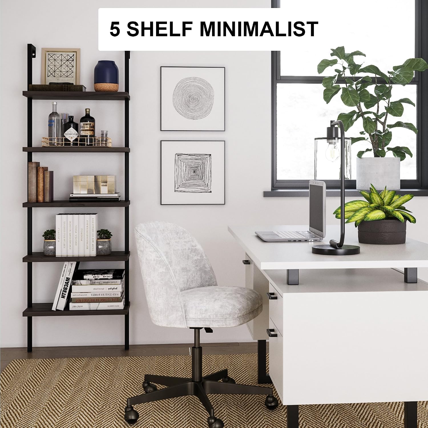 Nathan James Theo 5-Shelf Wood Modern Bookcase, Open Wall Mount Ladder Bookshelf with Industrial Metal Frame, Dark Walnut Brown/Black, Set of 4