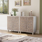 COSIEST Set of 2 32" Buffet Sideboard Cabinets with Vintage Firework Carved Pinewood Doors, Push-to-Open, Storage Accent Cabinet for Living Room, Kitchen, Hallway, Gray