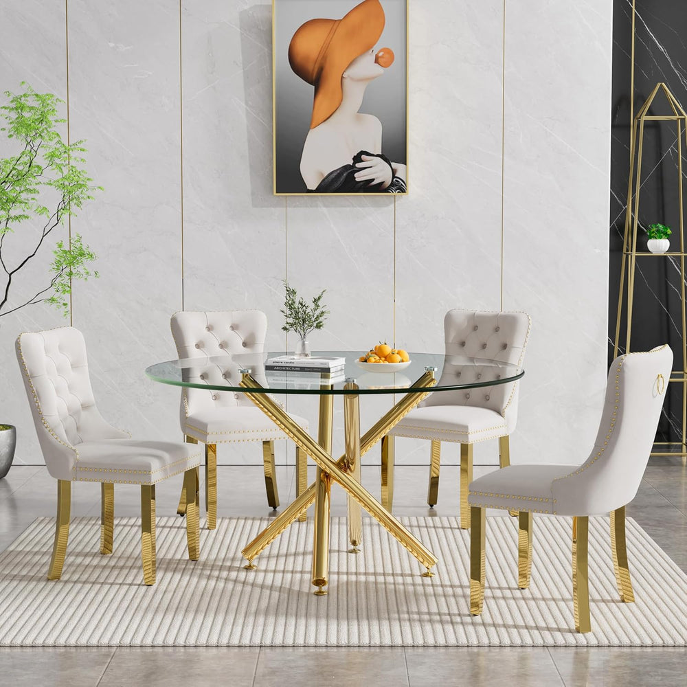 Round Glass Dining Table Set for 4, Small Kitchen Table Set for 4, 47" C...