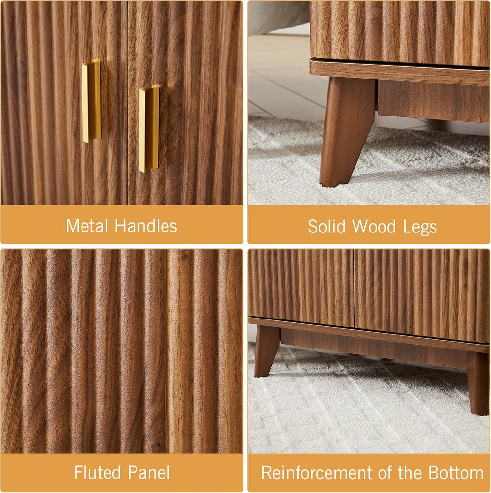 Fluted End Table with Charging Station, 2 Door Side Table with Storage, Mid C...