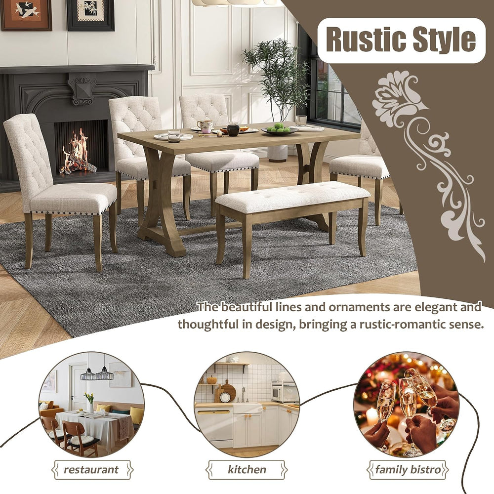Mirightone Farmhouse Dining Table Set for 6, Dining Table with Bench and Chai...