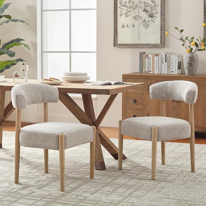 VKNOW Wooden Dining Chairs Set of 2, Modern Upholstered Dining Room Chairs with Rubberwood Legs and Curved Backrest, Fabric Kitchen Chairs for Farmhouse/Living Room/Dining Room, Brown