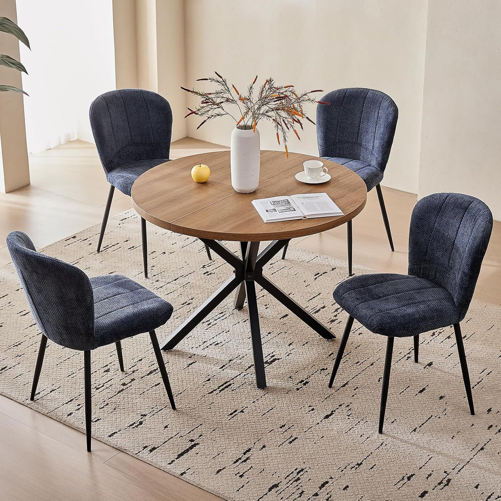 39" Round Dining Table Set for 4, Mid Century Kitchen Table with 4 Upholstered Accent Dining Chairs for Apartment Living Room Space Saving, Brown with Blue Chairs
