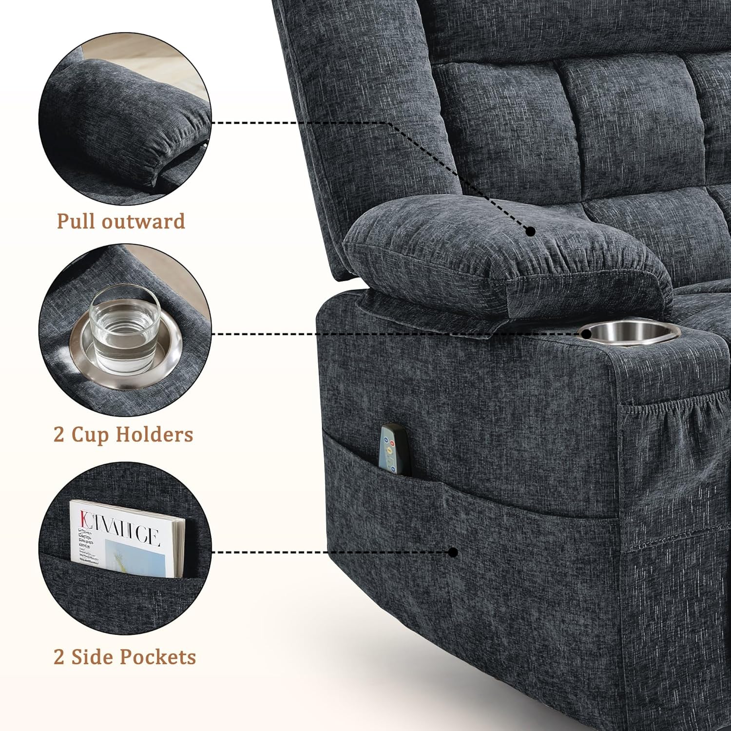 Korser 360° Swivel Rocker Recliner for Adults, Nursery Glider Recliner with Massage and Heating, Rocking Chair with Cup Holder, Manual Recliner Chair for Living Room, Bedroom (Fabric, Dark Gray)