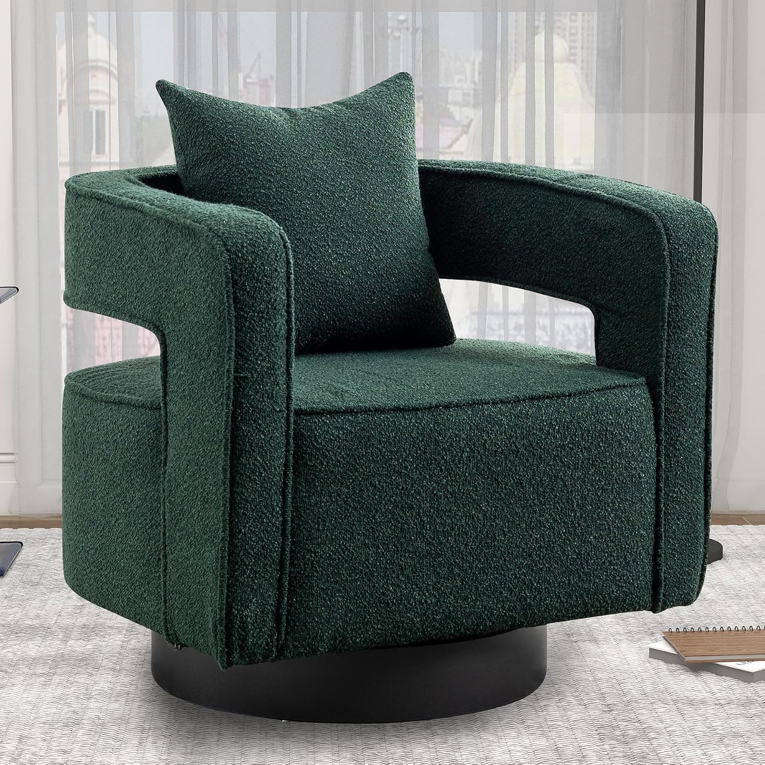 Swivel Accent Chair Set of 2, Modern Swivel Barrel Chair for Living Room, 360 Degree Comfy Square Accent Chair with Open Back, Upholstered Armchair for Bedroom,Reading, Boucle, Dark Green