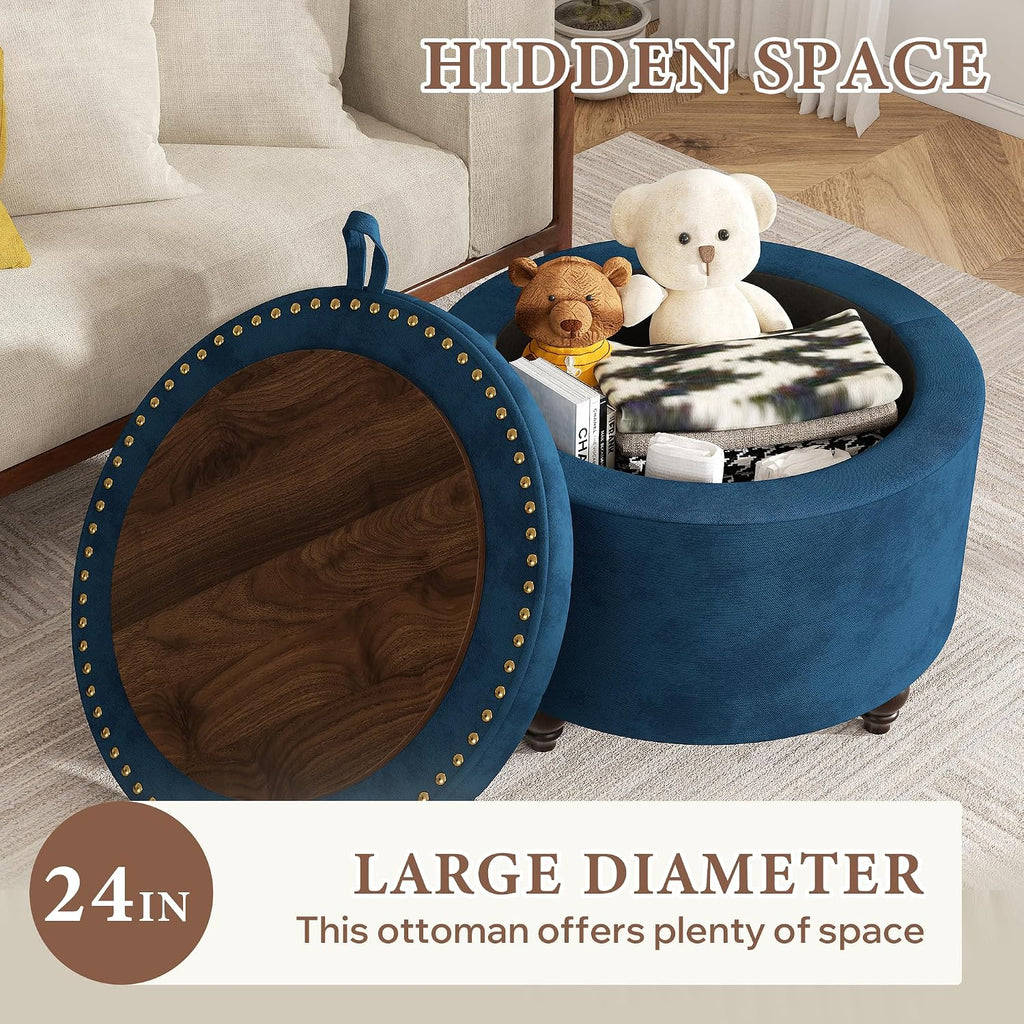 24 Inch Round Storage Ottoman,Modern Tufted Ottomans,Circular Coffee Table with Removable Top,Upholstered Large Ottoman with Storage Footrest Stool for Bedroom Living Room (Blue)
